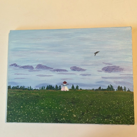 16 x 12 Original Lighthouse island PEI acrylic on canvas painting field sky bird - Picture 3 of 7